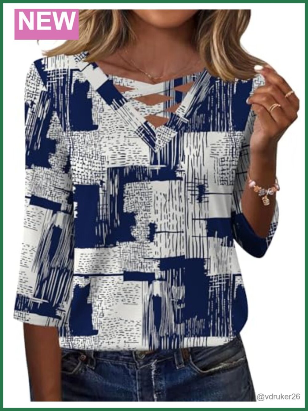 Women 3/4 Sleeve V Neck Blouse Criss Cross Tee Dressy Casual Top